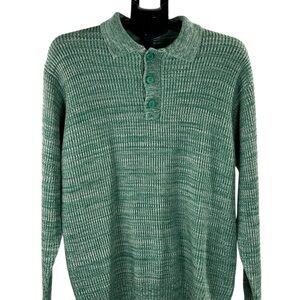 ZARA Green Knit Polo Sweater Men’s Medium Textured Henley Long Sleeve